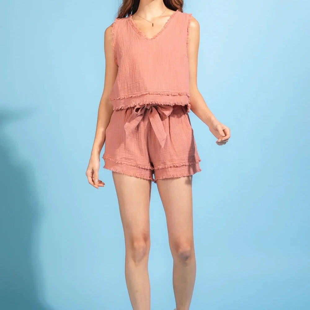 NWT Frayed detail cotton textured gauze top & High Waisted shorts set - Picture 5 of 9